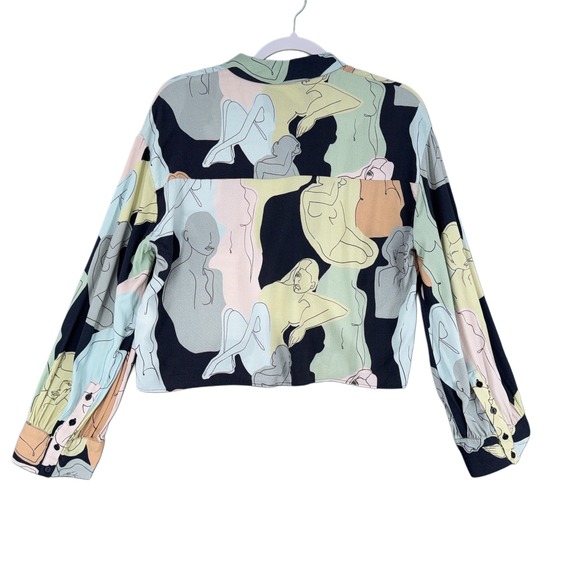 Zara Abstract Figure Print Long Sleeve Button Up Shirt Blouse Women Size M - Picture 2 of 6